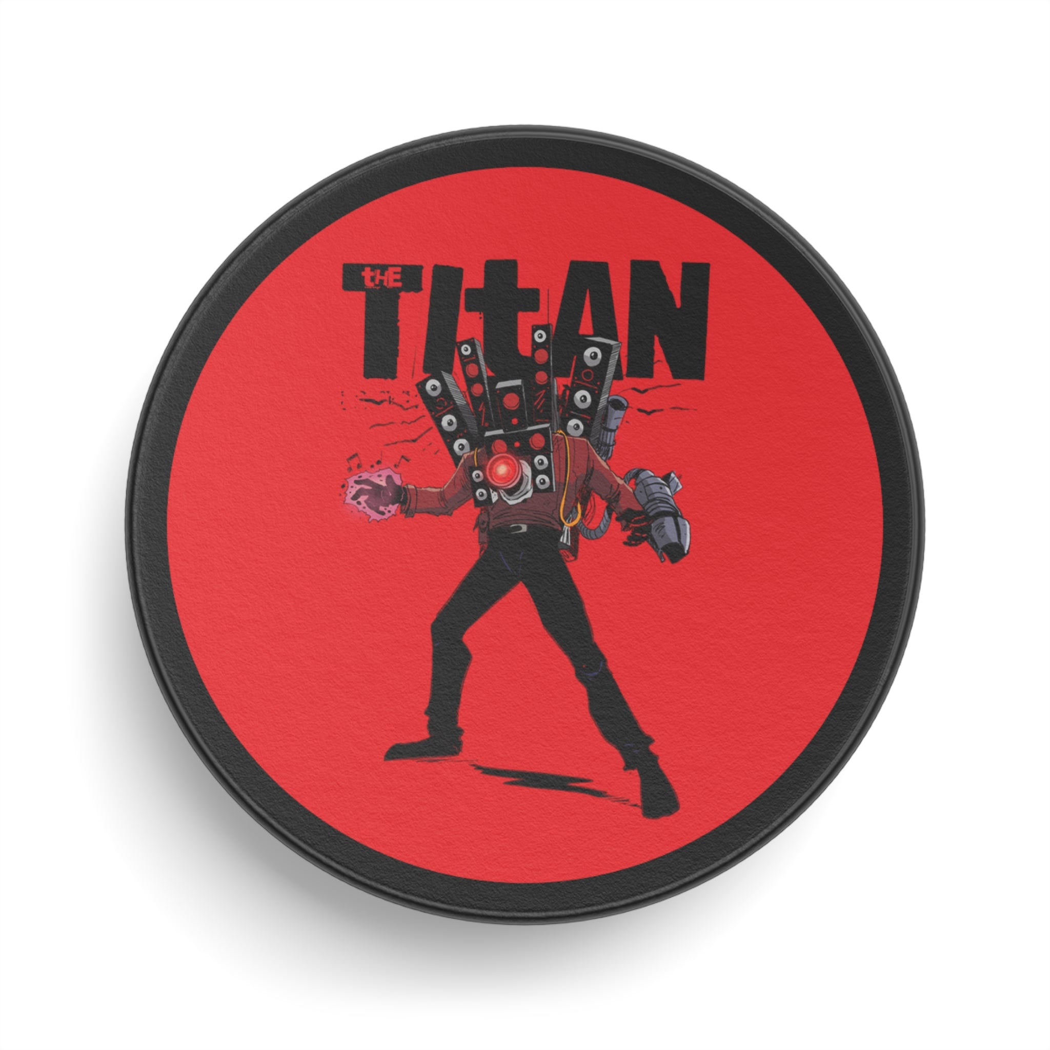 Hockey puck featuring red graphic of Titan Speakerman. top white background
