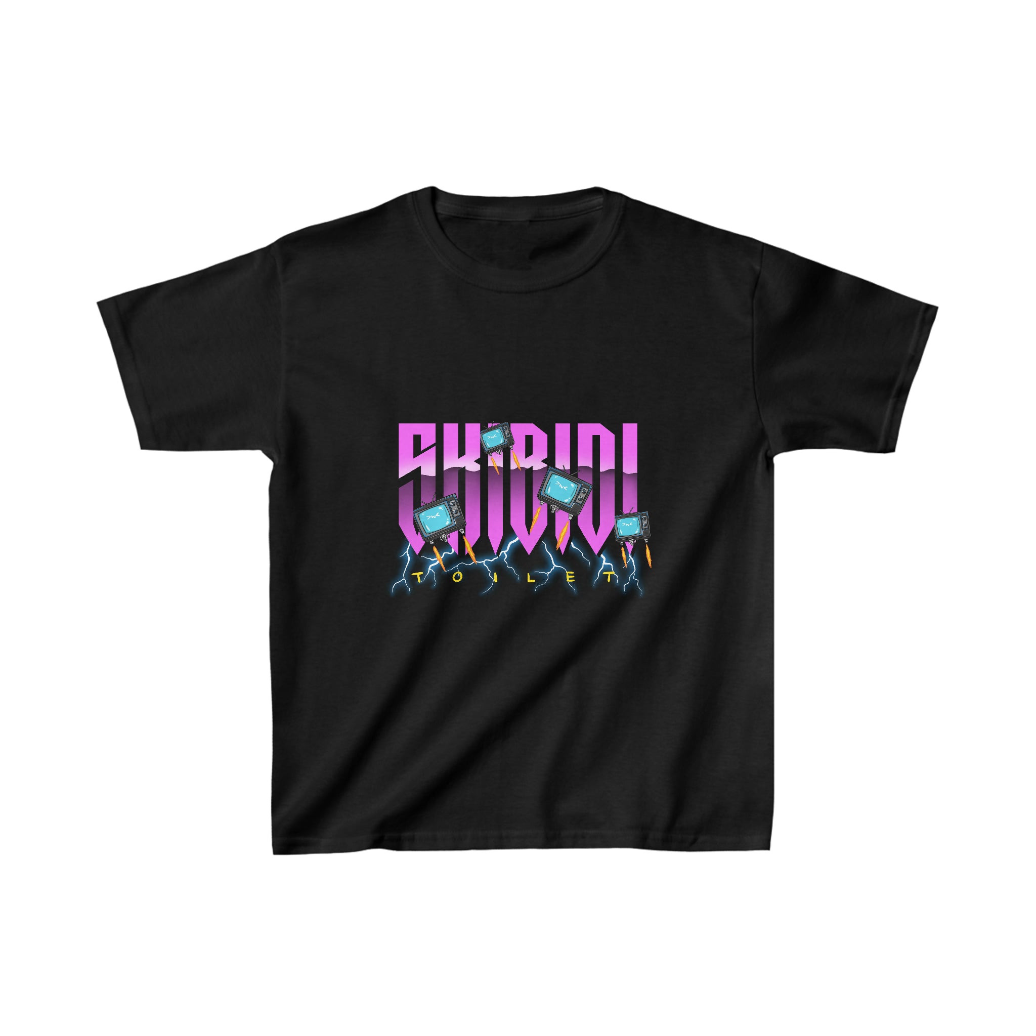 Black youth tee with pink SKIBIDI logo and TV Woman head design