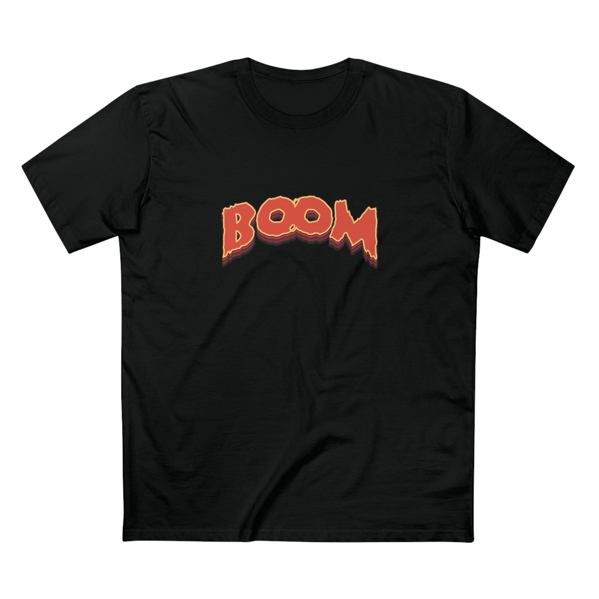 adult black graphic tee, black t shirt with red BOOM logo on front