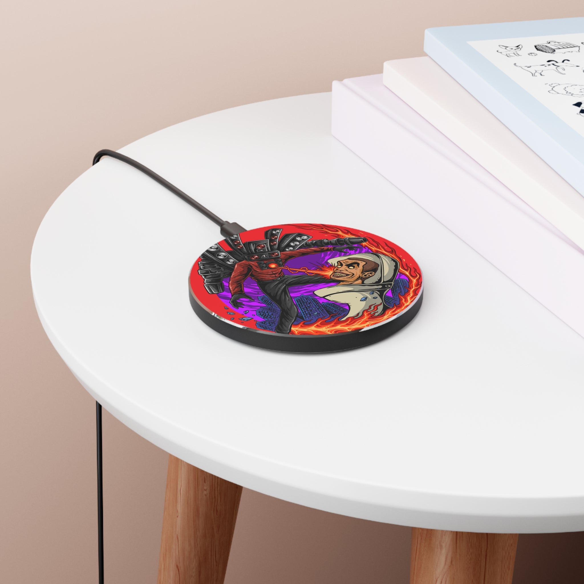 Speaker Blast Wireless charger showcasing Titan Speakerman's epic battle on side table with books