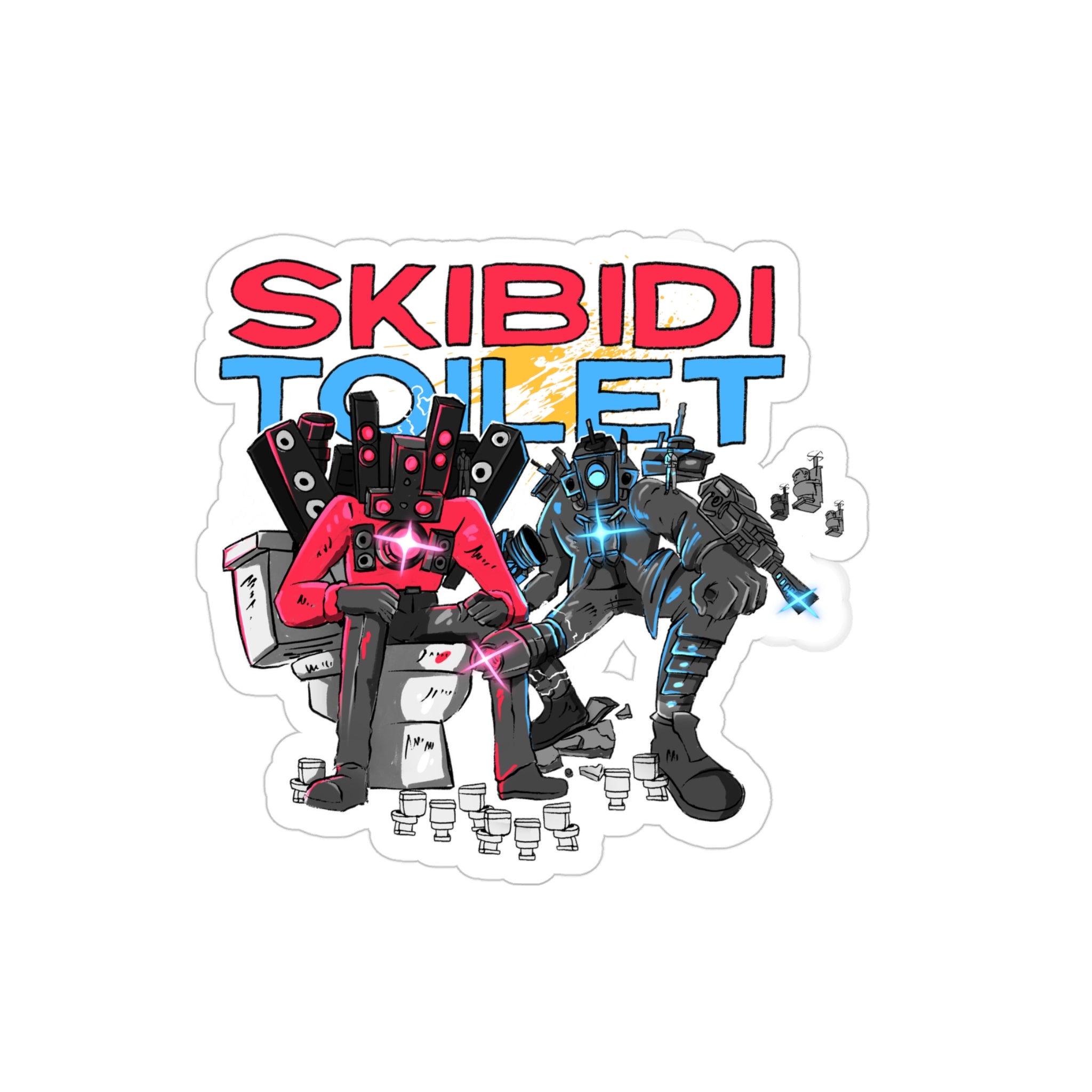 Titan duo surrounded by toilets sticker, white
