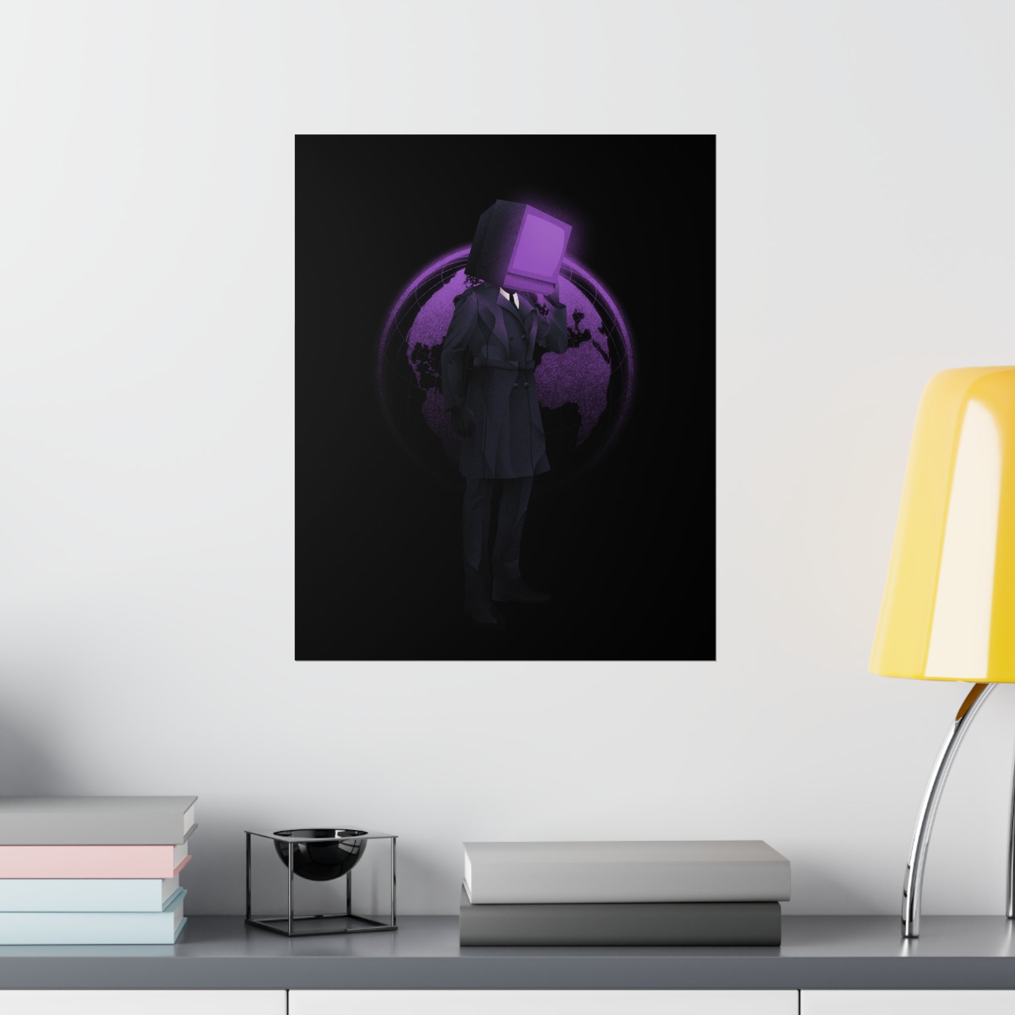 Matte poster of TV Man with a purple-tinted world over credenza with yellow lamp and books