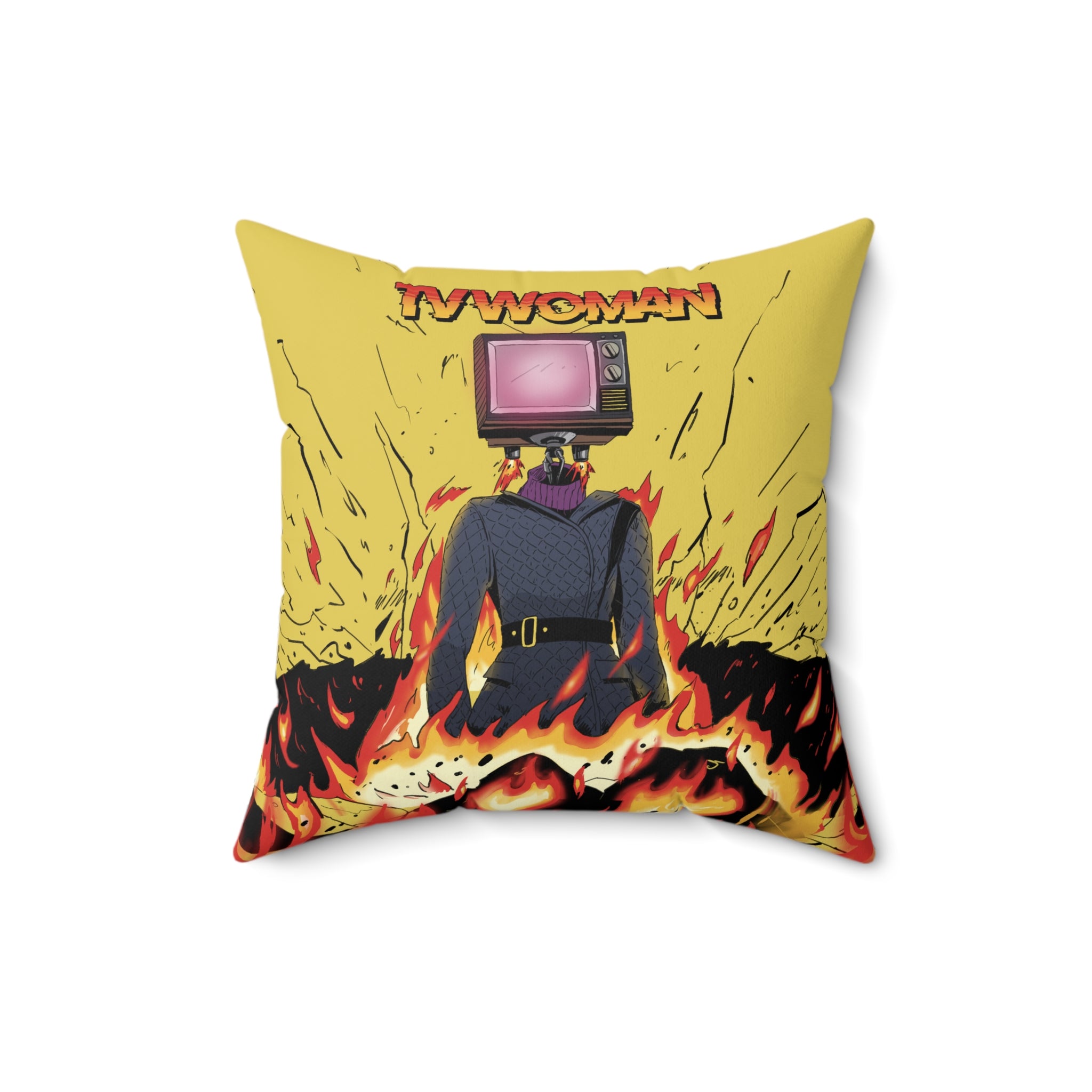 Square pillow with comic-style TV Woman design on both sides.