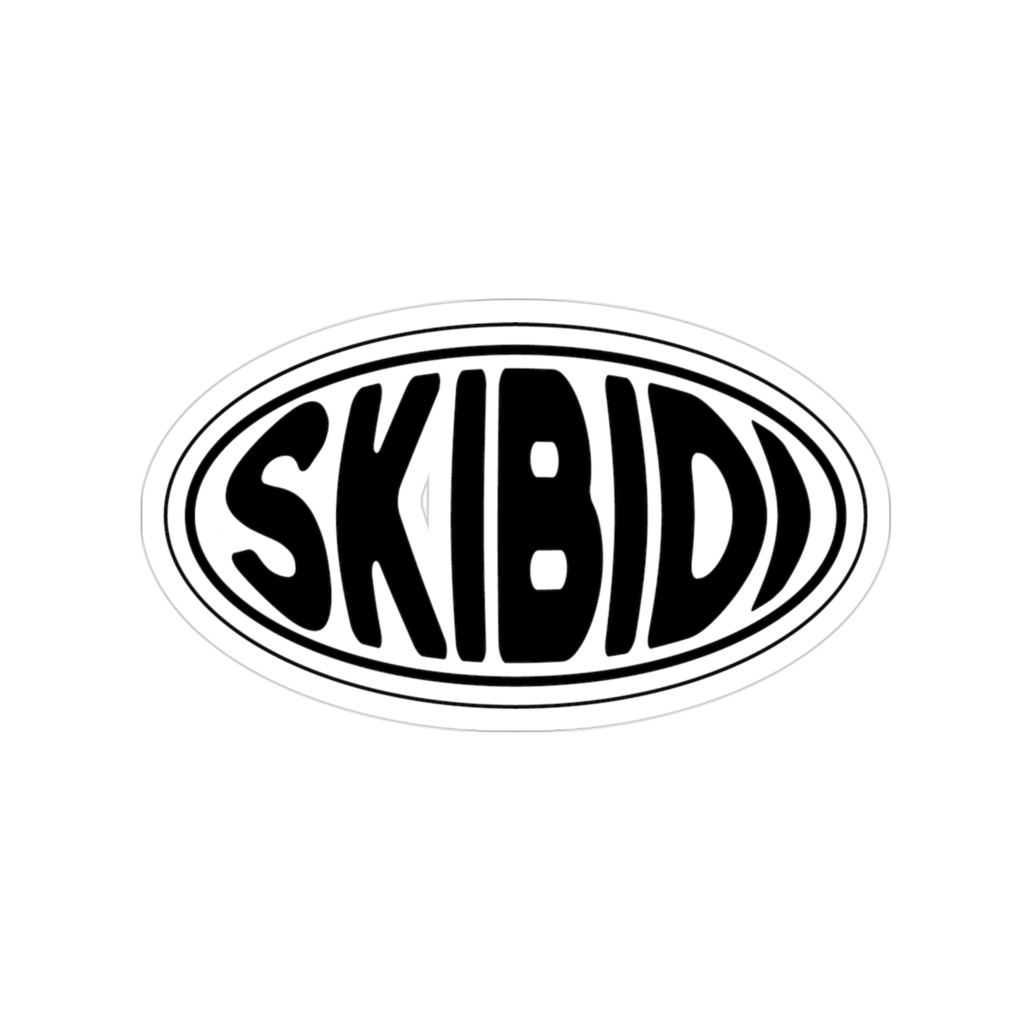 Black and white sticker with SKIBIDI oval emblem design