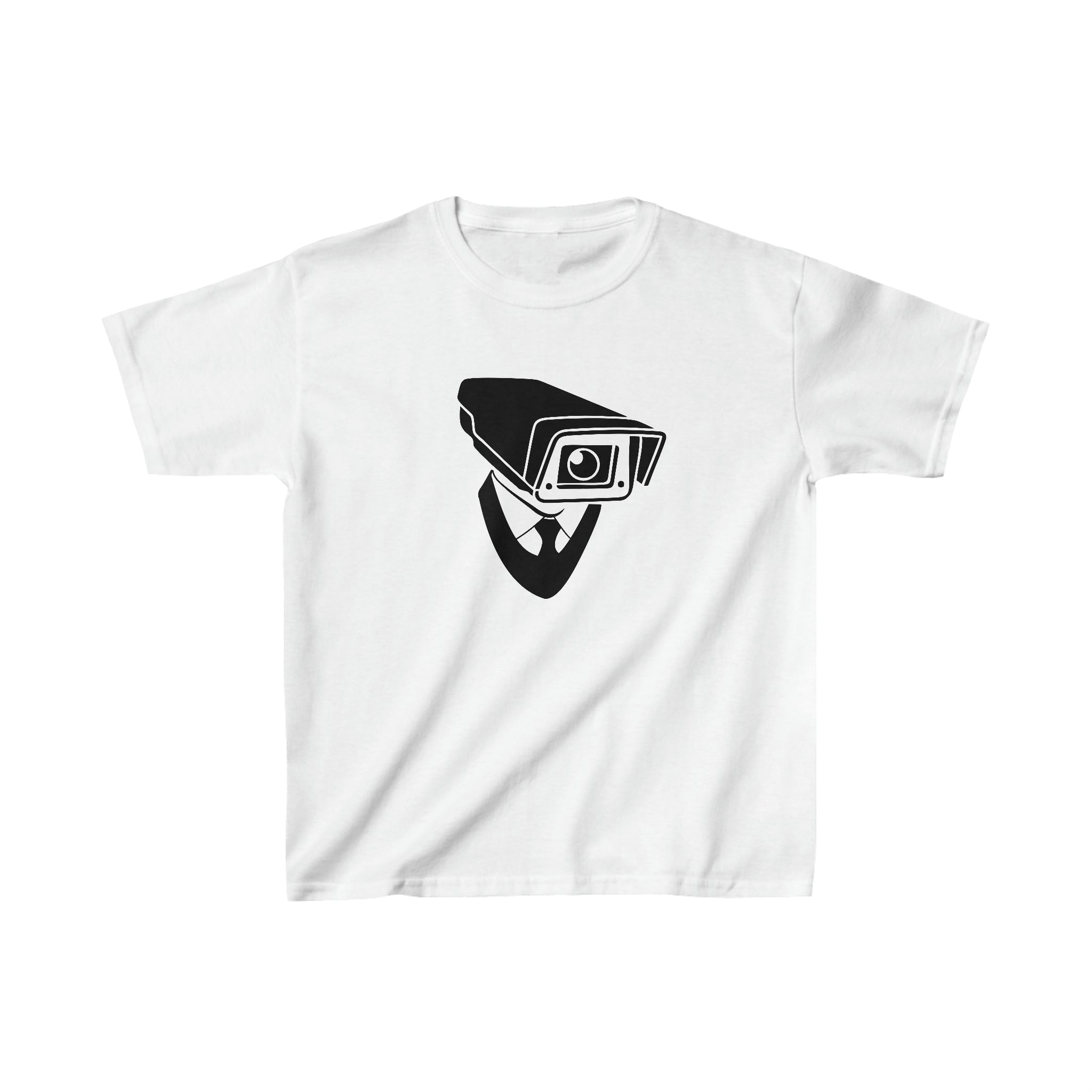 Surveillance Youth tee with the iconic cameraman centered White Tee on White Background
