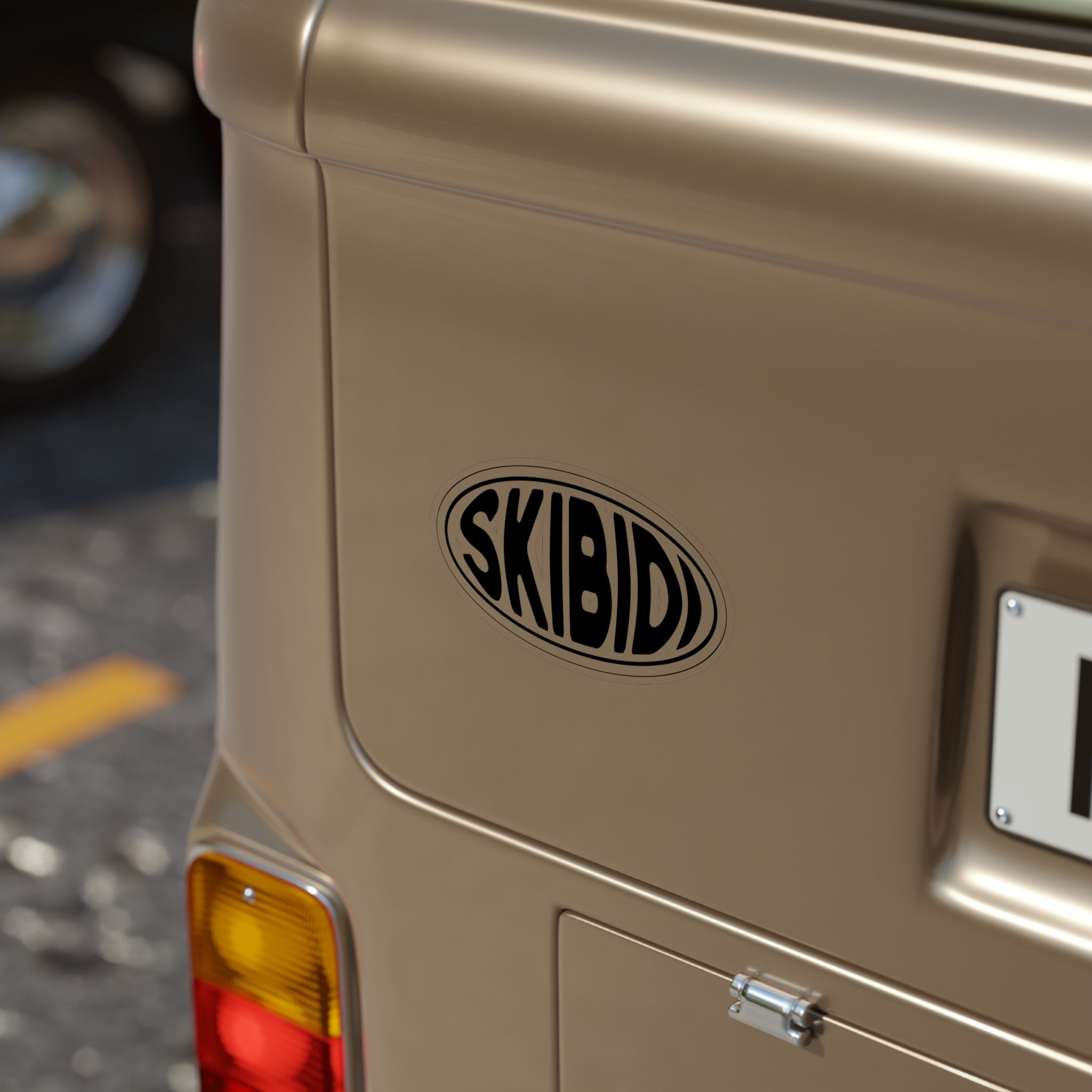 Black and white sticker with SKIBIDI oval emblem design on brown van