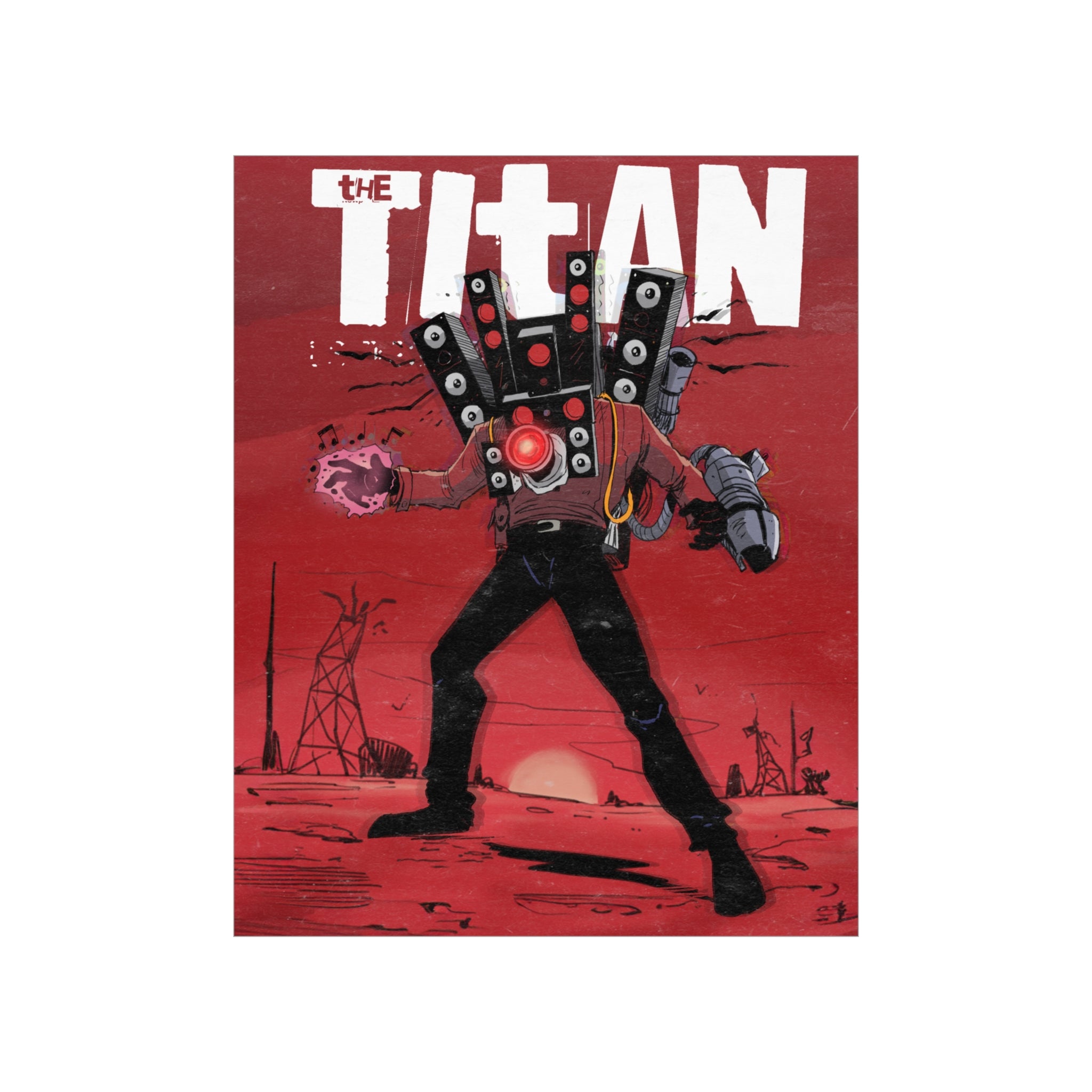Artistic poster of Titan Speakerman against a red background.