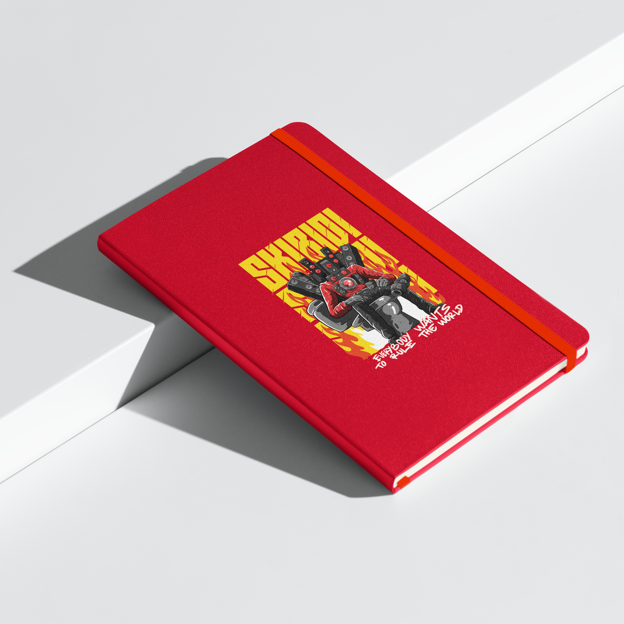 The Titan To Rule The World Notebook Titan Speakerman's fiery victory notebook Red on blank background on Ledge