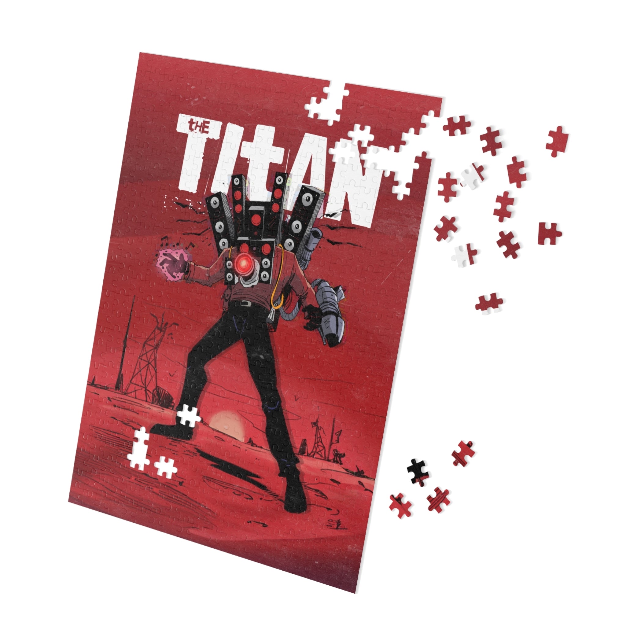 500-piece jigsaw puzzle showcasing Titan Speakerman design. with pieces coming out of it